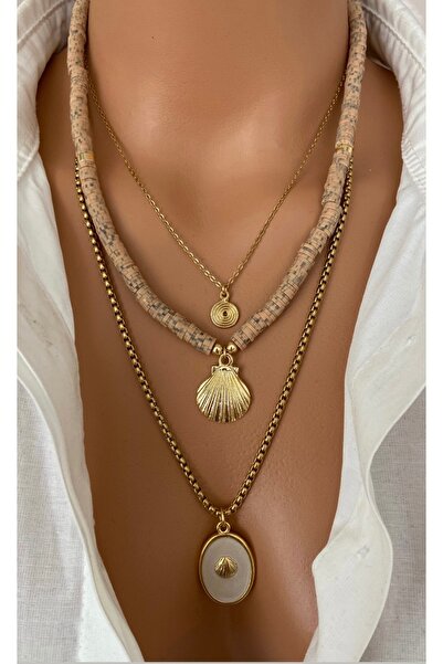 (three NECKLACES) Steel Chain Milky Brown Color Beads Seashell Gold Plated Necklace Tip Women Necklace