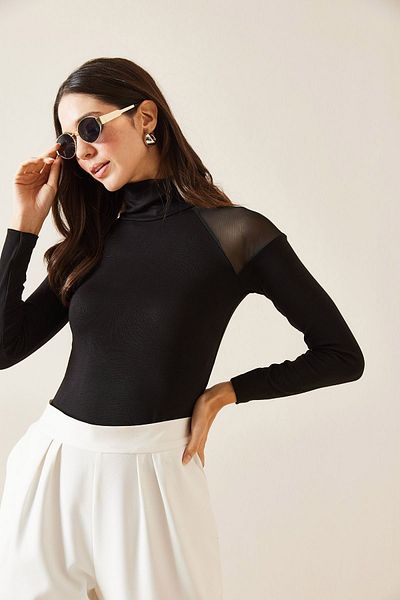 XHAN Black Tulle Detailed Fisherman Blouse 5Kxk2-49016-02