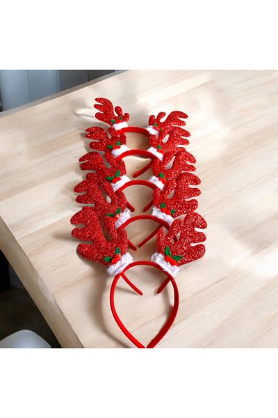 alsaccessories New Year's Red 5 Pack - Decorated Sequin Sequined, Crown Rhine Deer Horn Figured Hair Crown 17X21 cm