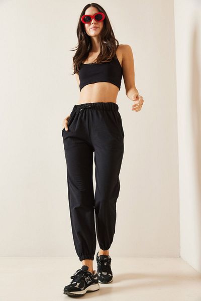 XHAN Black Lace-Up Waist Sweatpants 5Kxk8-48992-02