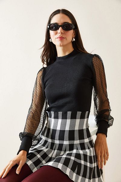 XHAN Black Blouse with Tulle Sleeves 5Kxk2-49005-02