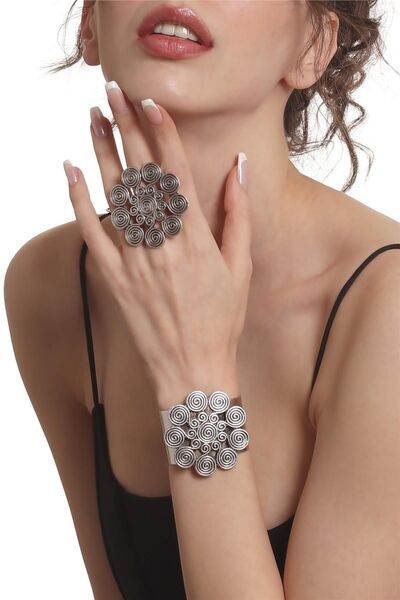LABALABA Kadın Antik Gümüş Kaplama Açık Bant Büyük Spiral Figürlü Bileklik &Yüzük Set