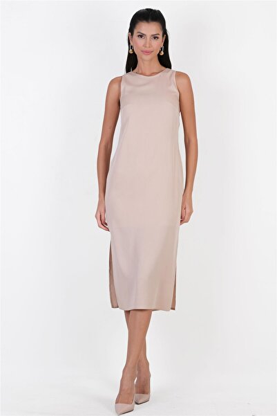 Spazio Opelia Yuvarlak Yaka Yanı Yırtmaçlı Elbise TAŞ