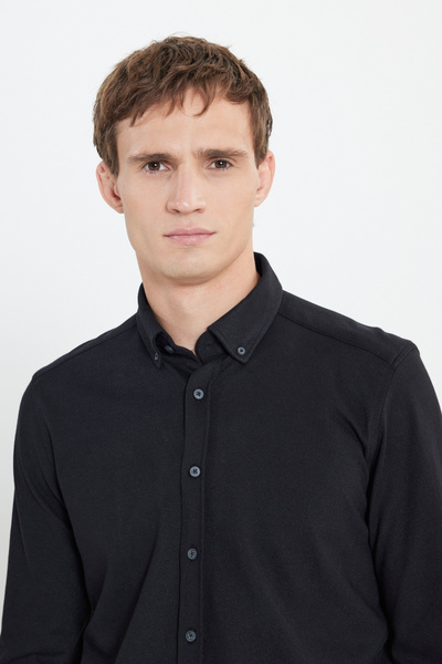 ALTINYILDIZ CLASSICS Βαμβακερό πλεκτό Slim Fit Slim Fit γιακά με κουμπιά γαλάζιο πουκάμισο