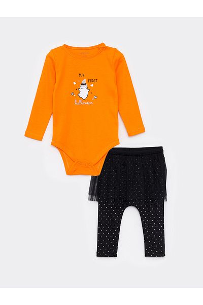 LC Waikiki Crew Neck Long Sleeve Printed Baby Girl Snap Body and Trousers 2 Piece Set