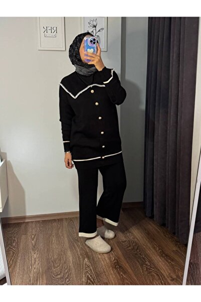 RFK Butik Women's Peter Pan collar Button Detailed Double Knitwear Set - Black