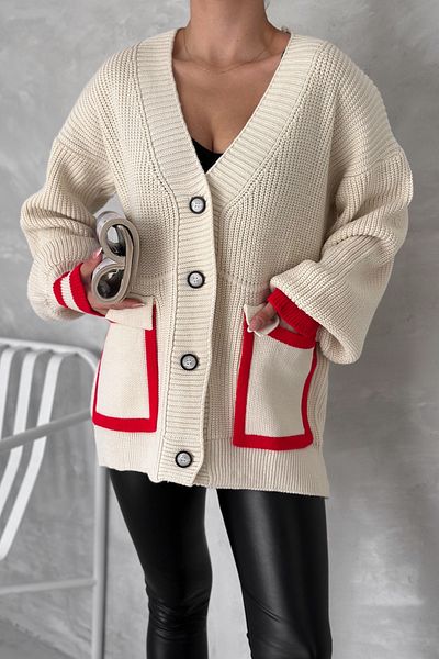 FEMELLE Cardigan de damă, bej, mărime standard, buzunare cu nasturi, tricotaj supradimensionat colorat