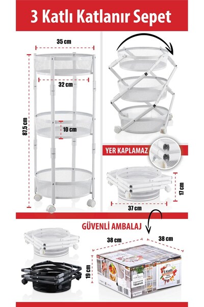 Doremcy 3 Katlı Pratik Katlanır Metal Renk Tekerlekli Sepet Patates Soğanlık - Çok Amaçlı Organizer