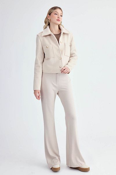 Vitrin Gold Buttoned Reverse Stitching Felt Fabric Crop Jacket