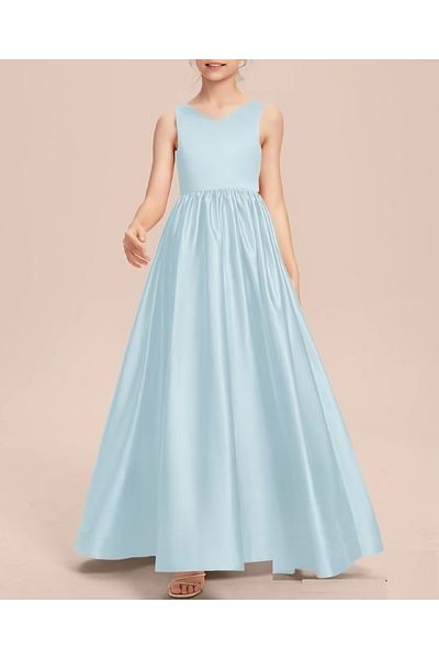 NSMLİFE Girl's Baby Blue Back V-Neck Detailed Elegant Satin Dress Graduation Birthday Christmas Dress