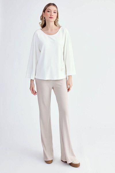 Vitrin Rose Detailed Round Neck Long Sleeve Blouse