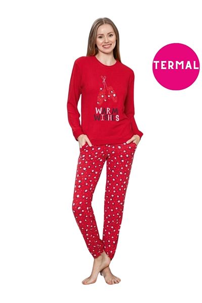 bie's Women's Red New Year Crew Neck Winter Ankle Cuff/Elastic Thermal Pocket Pajamas Set