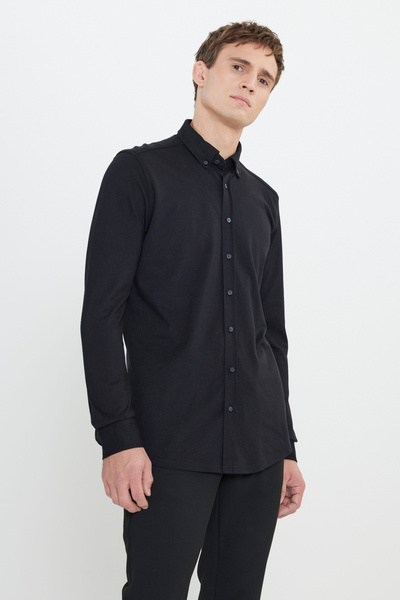 ALTINYILDIZ CLASSICS Βαμβακερό πλεκτό Slim Fit Slim Fit γιακά με κουμπιά γαλάζιο πουκάμισο