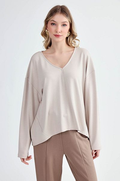 Vitrin Modal Fabric V-Neck Long Sleeve Loose Blouse