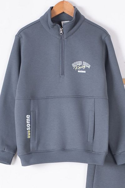 Cansın Mini Smoked Kangaroo Pocket Zipper Collar Boys' Raised Tracksuit Set 19613