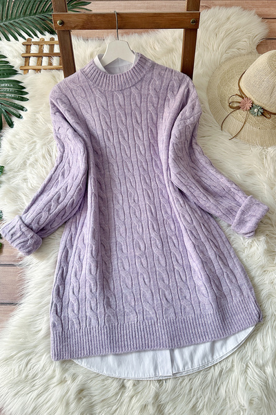 MODAQU Leyla  Saç Örgü Yumoş Triko Kazak - Lila