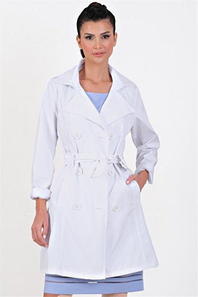 Spazio Pallaske Kruvaze Yaka Kuşaklı Cepli Trençkot BEYAZ