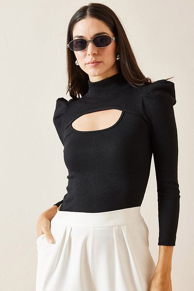 XHAN Black Degaje Detailed Upright Shoulder Blouse 5Kxk2-49004-02