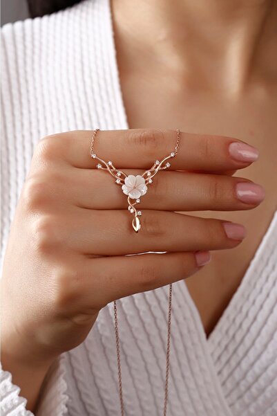 SARIASLAN Kırmızı Altın Rengi Sarmaşık Manolya Çiçeği Kolye 925 Ayar Gümüş