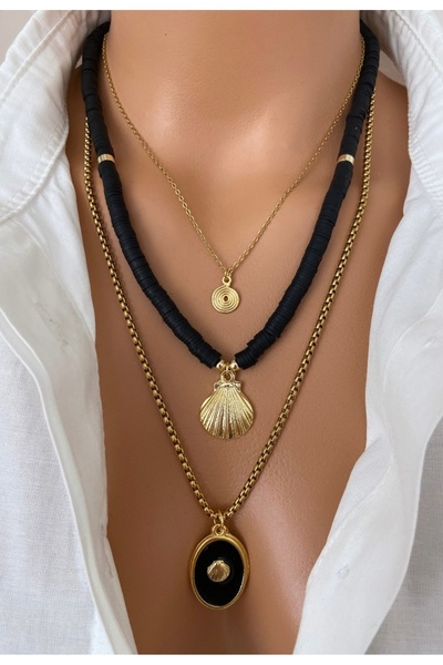 TARZ-I TAKI (ÜÇ KOLYE) Çelik Zincir Siyah Fimo Boncuk Deniz Kabuğu Altın Kaplama Özel Tasarım Kadın Kolye