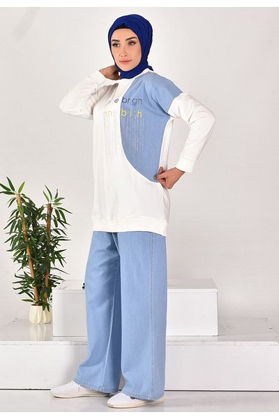BYCOOLEST BUTİK Cyln537 Double Set with Double Thread Fabric Stone Printed and Writing Embroidery