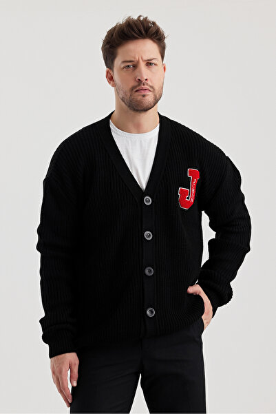 Tarz Cool Men's V-Neck Buttoned Cardigan with Text Detail