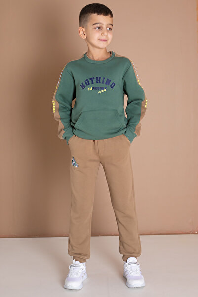 Cansın Mini Σετ αθλητικής φόρμας αγοριού με τυπωμένο σκούρο πράσινο ριγέ κείμενο 19608