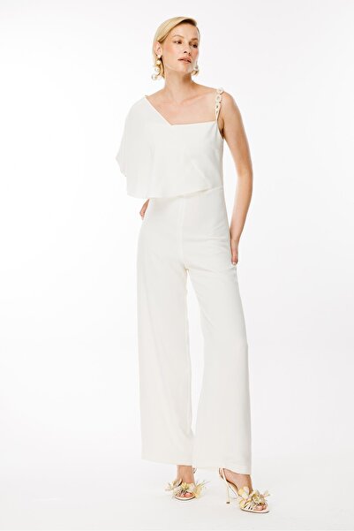 accort Önü Asimetrik Kesim Tek Omuz Boncuklu Tulum-kemık