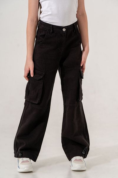 GİYİCEM Girl's Trousers Linen Pant with Elastic Cargo Pocket