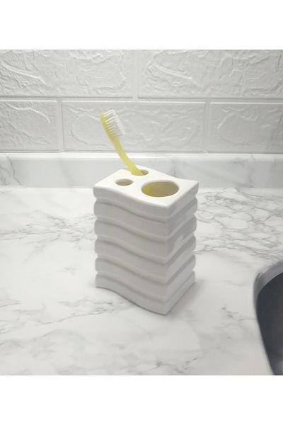 Bosphorus 8x6x11cm Square StripeD Ceramic Bathroom Set - External Brush HolDer