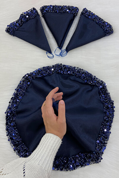 ZEYMERADE منديل العريس والعروس باللون الأزرق الداكن مع تفاصيل الترتر اللامع ل...