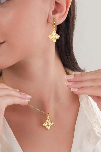 Tmt Silver Gümüş Altın Gold Kaplama Yonca Lazer Kalem İşlemeli Kolye KÜPE SET