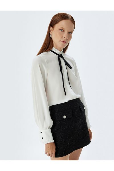 Koton Ruffled Stand Collar Shirt Bow Tie Detailed Crepe Fabric