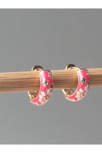 Siya Silver Gold Colored Pink Flower Patterned Earrings