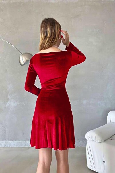 Deafox Kırmızı Kruvaze Yaka Uzun Kol Basic Kadife Kumaş Kloş Elbise