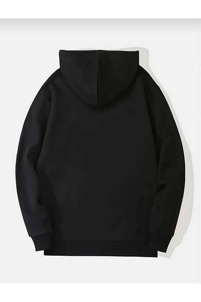 Elfa Tekstil Unisex Black Printed Hooded Oversize Sweatshirt