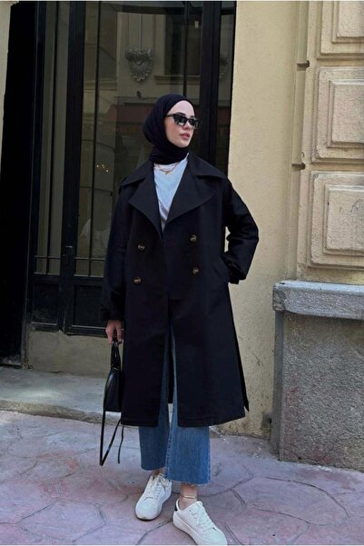 Kiremit Kadın Siyah Salaş Pamuk Gabardin Astarsız Trençkot (İLKBAHAR-YAZ SEZONU)