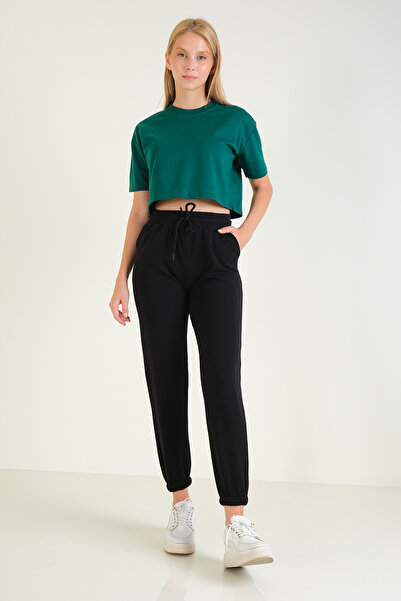 Giyim Dünyası بنطال رياضي نسائي ذو أرجل مطاطية باللون الأسود