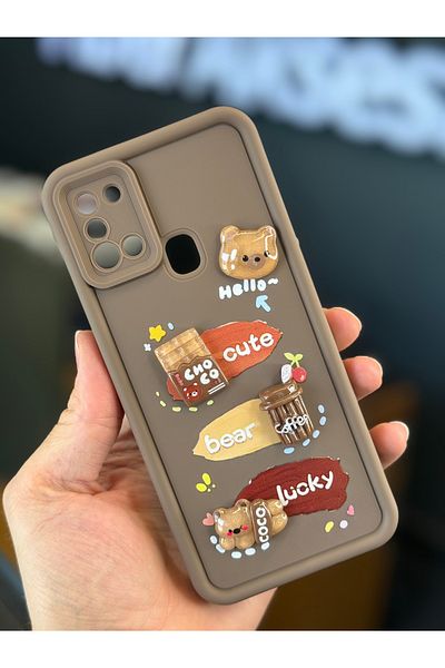 Fibaks جراب متوافق مع هاتف Galaxy A21s بتصميم نمط حماية للكاميرا غطاء سيليكون ناعم بلون القهوة