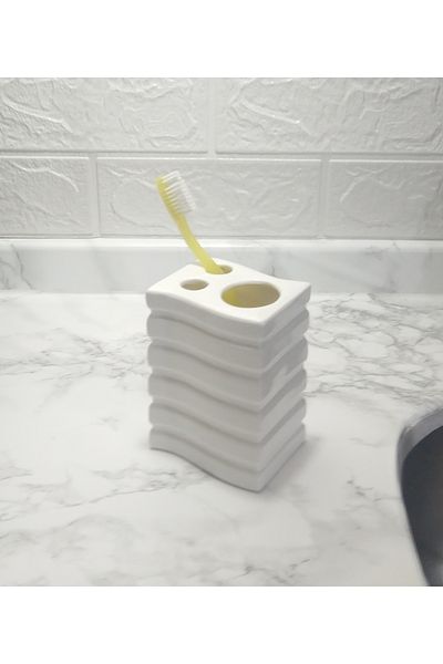 Bosphorus 8x6x11cm Square StripeD Ceramic Bathroom Set - External Brush HolDer