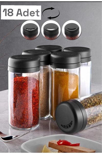 Bayev Spice 250Cc - 18 Pieces Spice Set with Rotating Lids - Glass Salt Shaker and Pepper Shakers