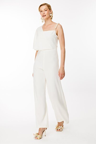 accort Önü Asimetrik Kesim Tek Omuz Boncuklu Tulum-kemık