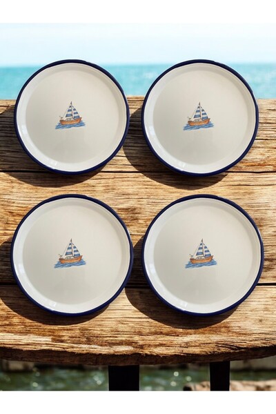 EMAYE TEZGAHI 4 Adet 24 CM Servis Tabağı, Meze Tabağı, Çeyizlik Emaye Pizza Tepsisi, Emaye, Retro, Marine Tabak