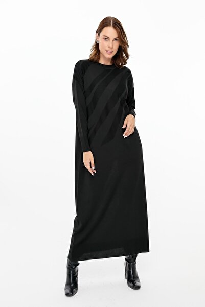 accort Kendinden Desenli Triko Elbise-SİYAH