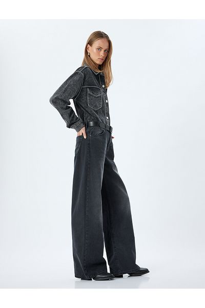 Koton Standard Waist Washed Loose Jeans - Buttoned Loose Straight Fit Jeans
