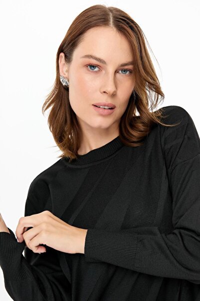 accort Kendinden Desenli Triko Elbise-SİYAH