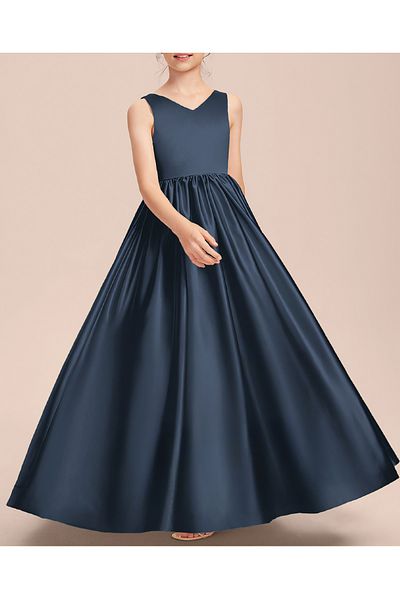 NSMLİFE Girl's Navy Blue Color Back V-Neck Detailed Elegant Satin Dress Graduation Birthday Christmas Dress