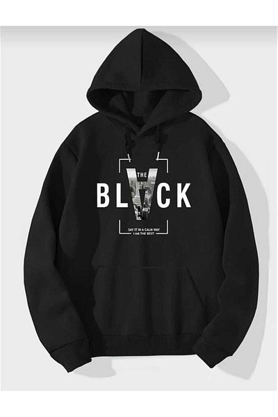 Elfa Tekstil Unisex Black Printed Hooded Oversize Sweatshirt