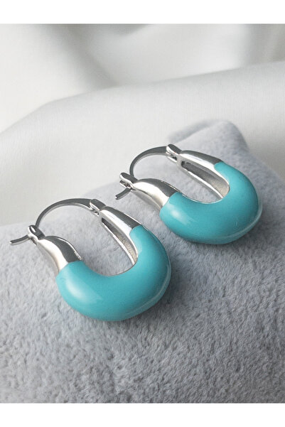 Siya Silver Mavi Mineli U Model Gümüş Renk Çelik Küpe