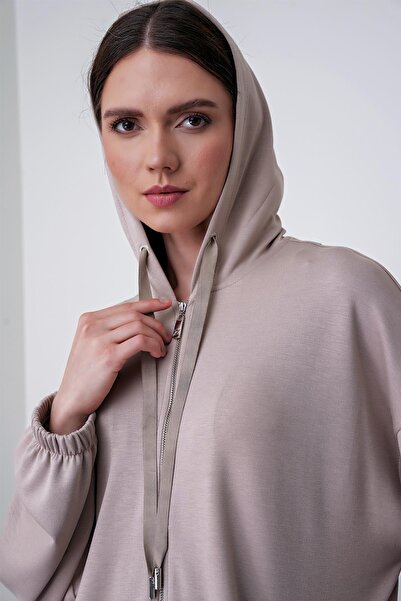 Zühre Beige Comfort Zippered Hooded Sweatshirt - C-0092